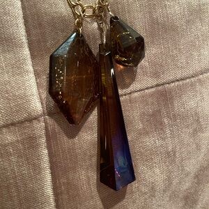 Chunky Smokey Quartz Topaz Acrylic Tassel Gold Necklace 36” plus 4” dangle